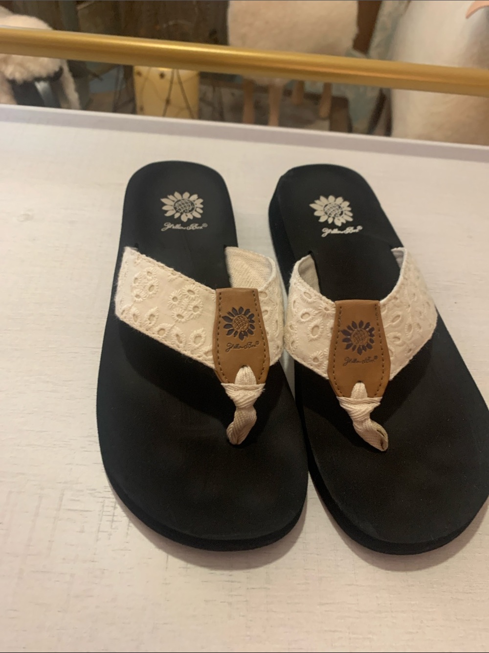 Yellow Box Cream Lace Thong Sandals with Black Footbed